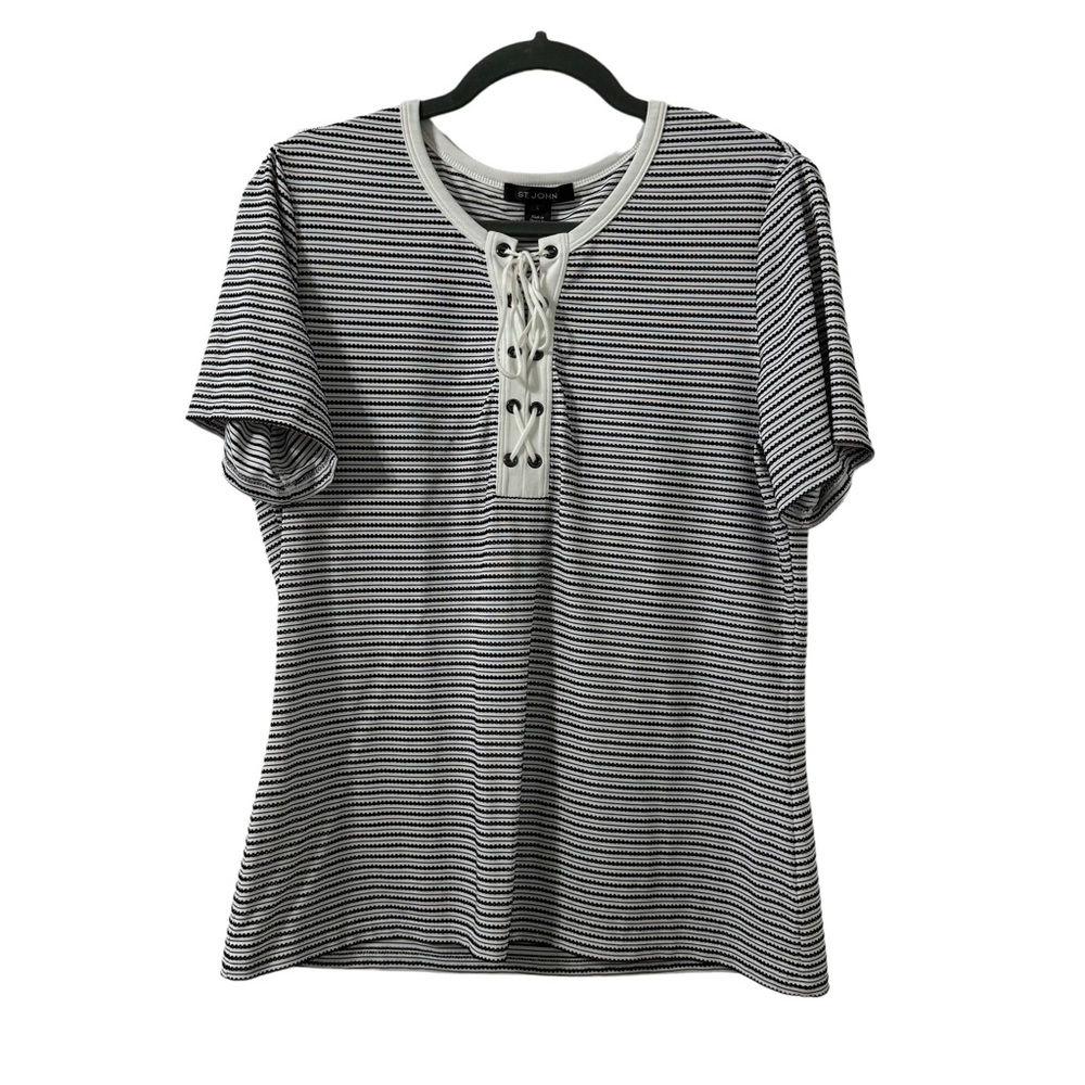 St. John Womens Lace Up‎ Striped Short Sleeve Top Tee Shirt White Black Sz Large